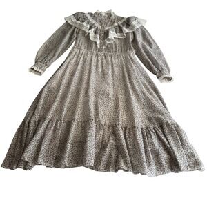 Vintage 70s Calico Ruffle Lace Cottage Prairie Frontier Lined Midi Dress sz 9